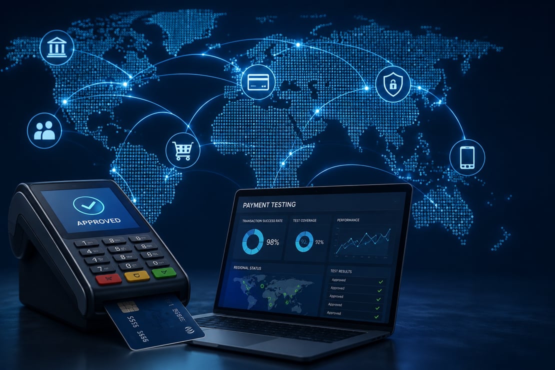 A digital illustration of a payment terminal and laptop displaying payment testing analytics against a global network map, symbolizing secure, reliable payment testing across international payment systems and financial institutions.