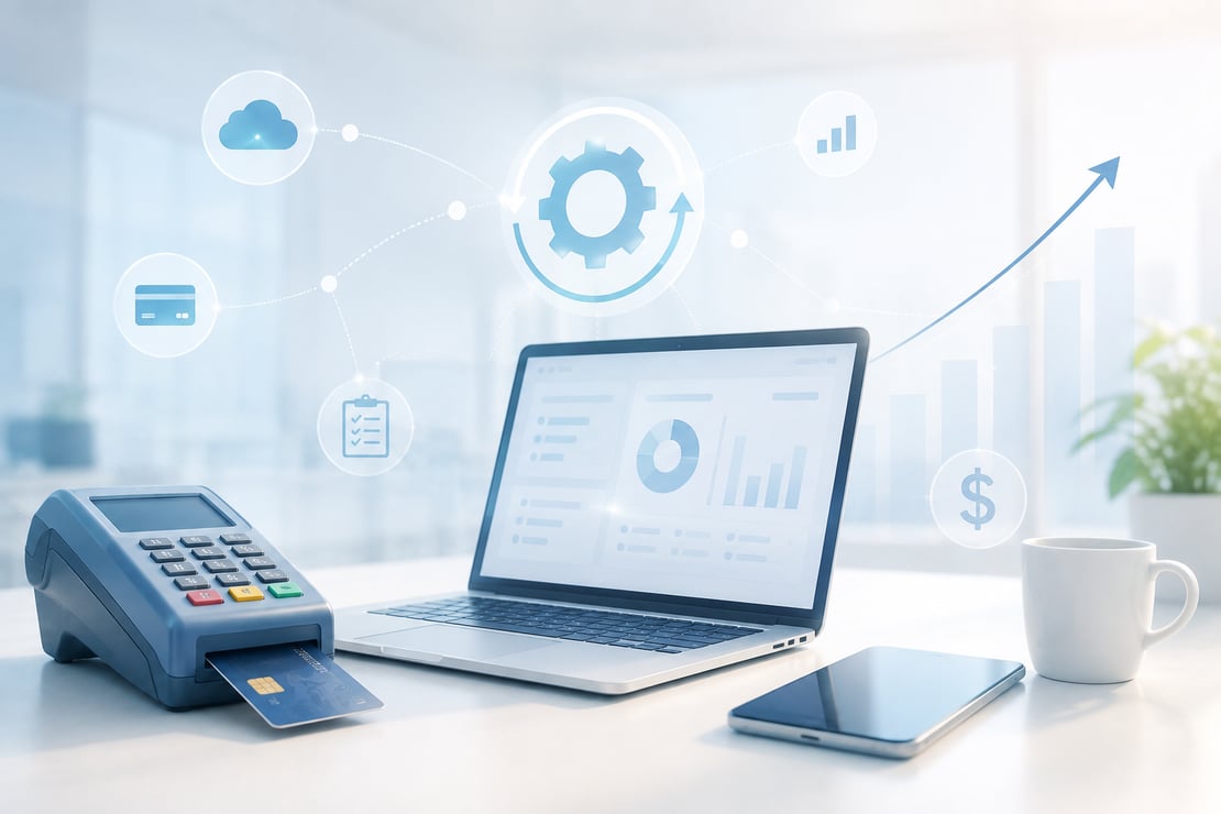A bright, modern workspace featuring a payment terminal, laptop with analytics dashboards, and growing stacks of coins surrounded by automation and cloud technology icons, illustrating how payment testing improves operational efficiency, reduces costs, and supports business growth.
