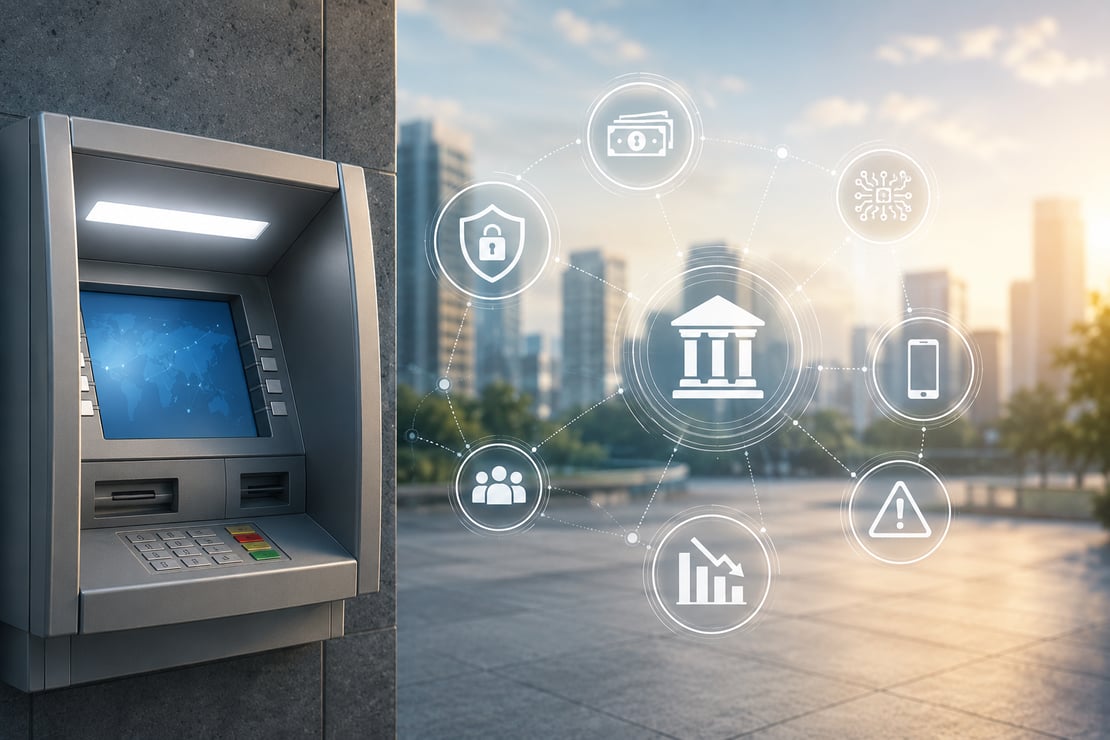 A modern ATM set against a city skyline with connected digital banking, security, analytics, and mobile payment icons, illustrating the technological, operational, and security challenges facing the ATM industry.