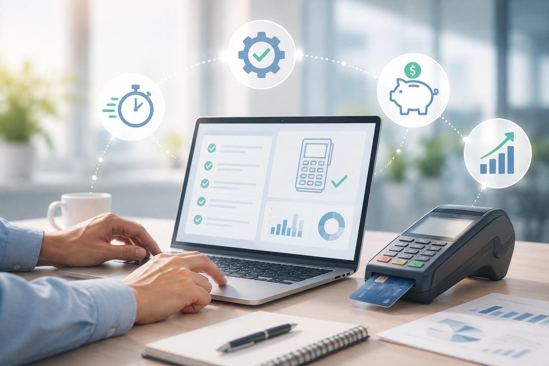 A professional using a laptop and payment terminal in a modern office, surrounded by icons representing automation, speed, cost savings, and business growth, illustrating how self-service payment testing improves efficiency while reducing testing costs and manual effort.