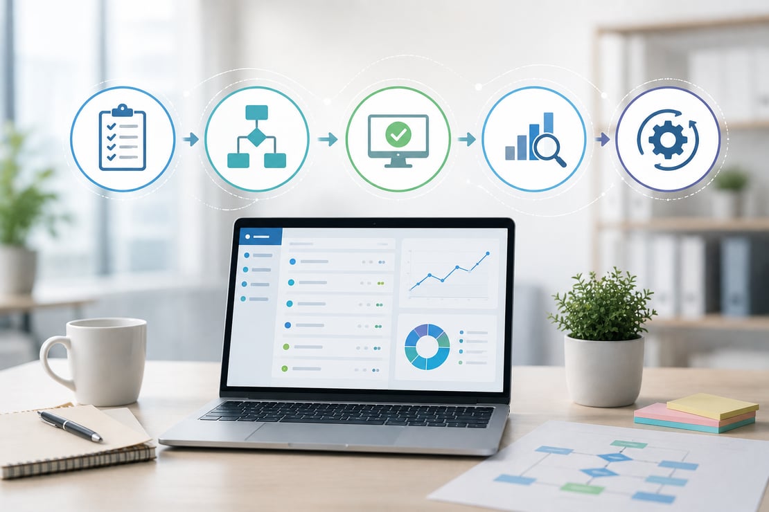 A modern workspace with a laptop displaying testing dashboards and a visual workflow progressing from planning and test execution to analysis and automation, illustrating the importance of building an efficient, structured test case workflow.