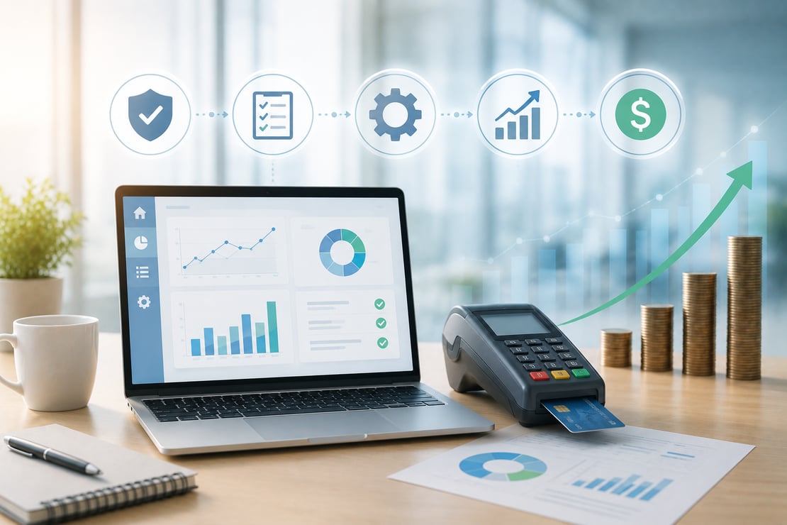 A laptop displaying payment testing analytics beside a payment terminal, with rising coin stacks and growth indicators illustrating how efficient payment system testing improves operational performance, reduces costs, and increases business profitability.