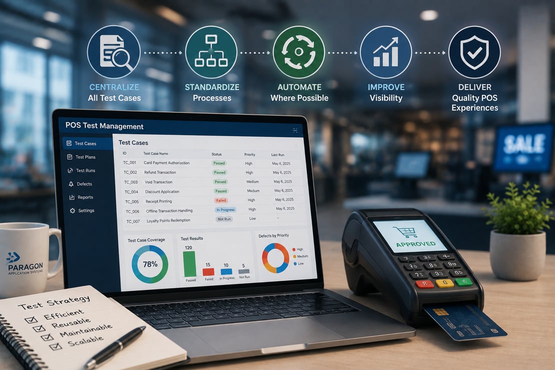 A laptop displaying POS test management dashboards beside a payment terminal and testing workflow elements, illustrating centralized test case management, standardized processes, and improved visibility for point-of-sale payment testing.