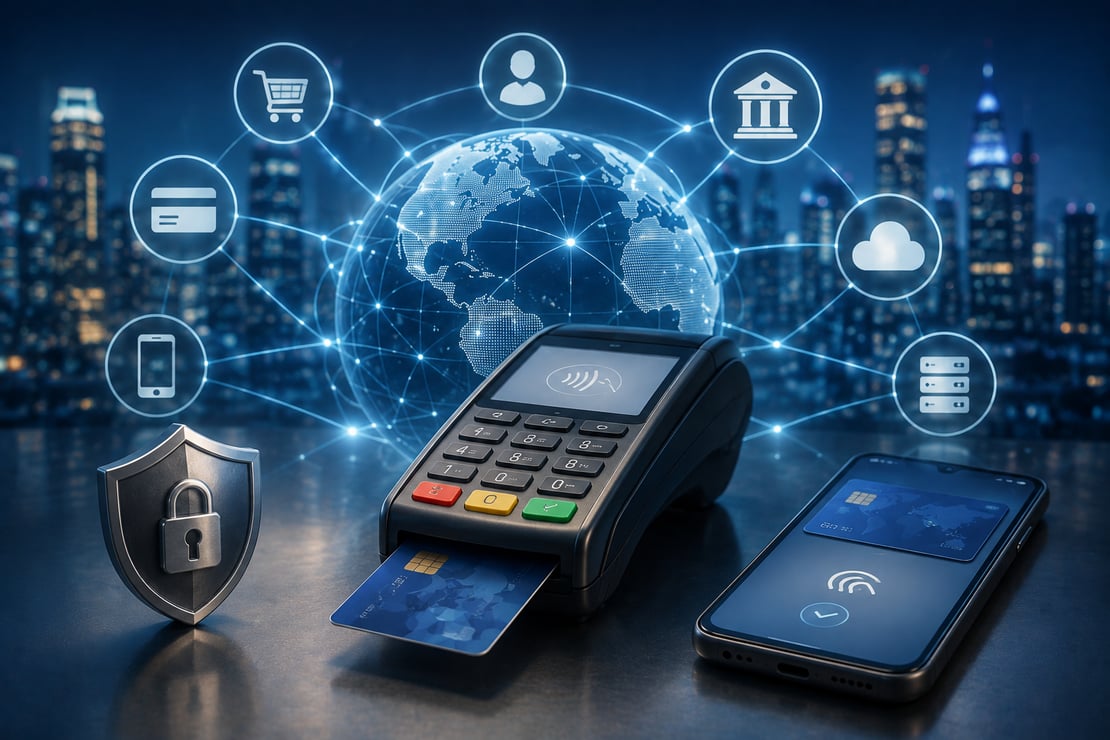 A payment terminal, smartphone, and security shield connected to a global digital network, illustrating the complexity of modern payment systems with interconnected banks, cloud services, mobile payments, and secure transaction infrastructure.
