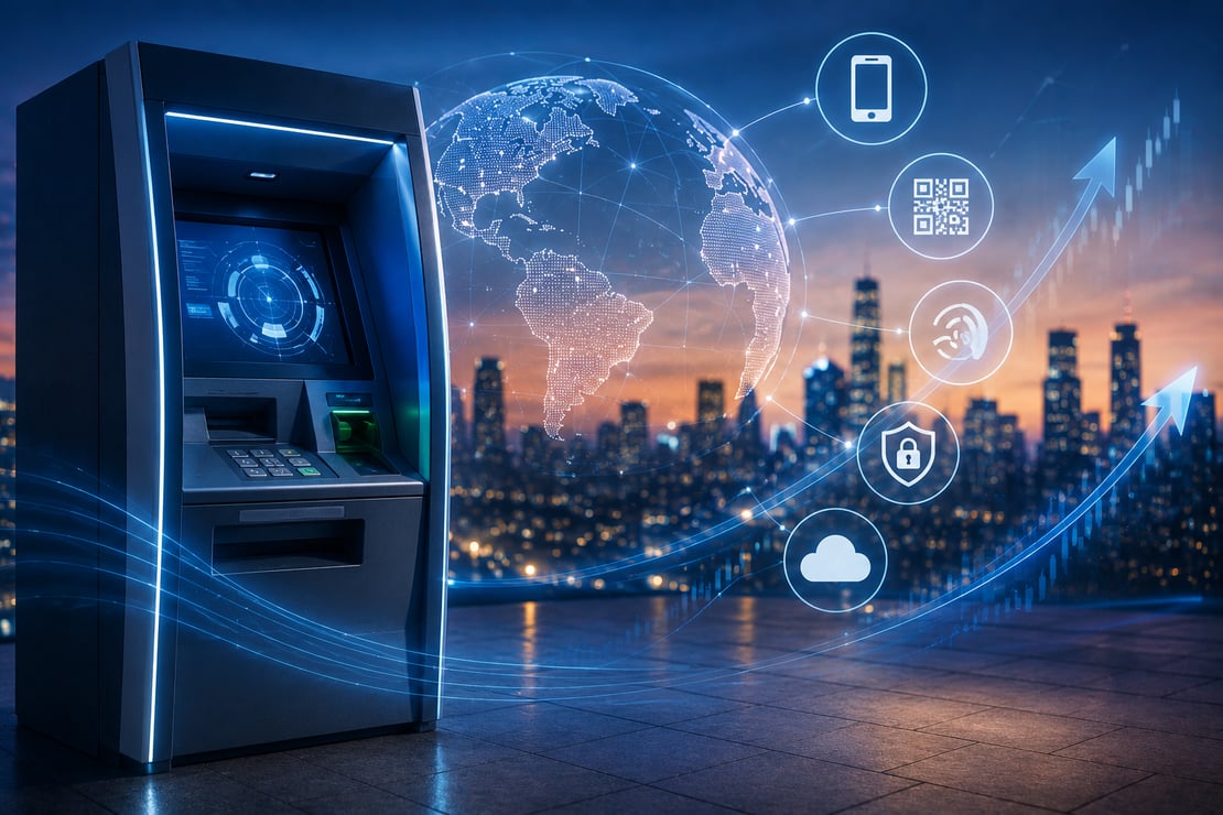 A futuristic ATM connected to a global digital network with mobile, contactless, cloud, and security technologies, illustrating the evolving future of the ATM industry and the integration of physical and digital banking services.