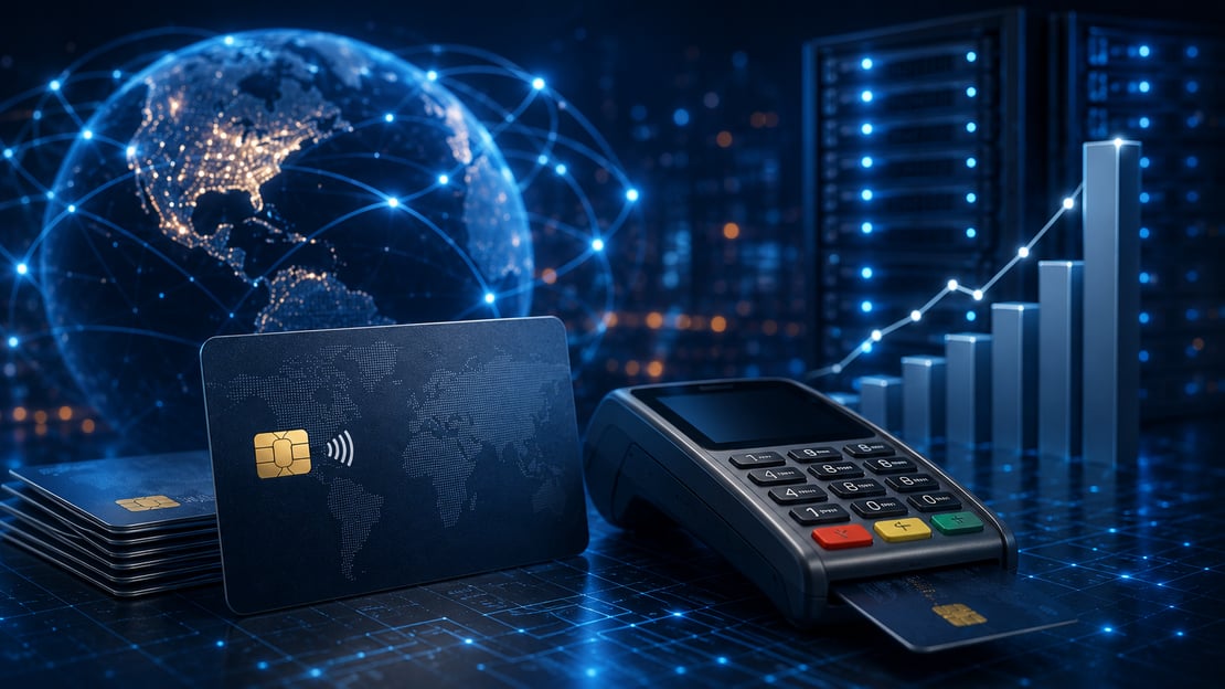 Payment terminal processing an EMV chip card alongside payment cards, with a connected global payments network and digital infrastructure representing payment system performance, reliability, and scalability.