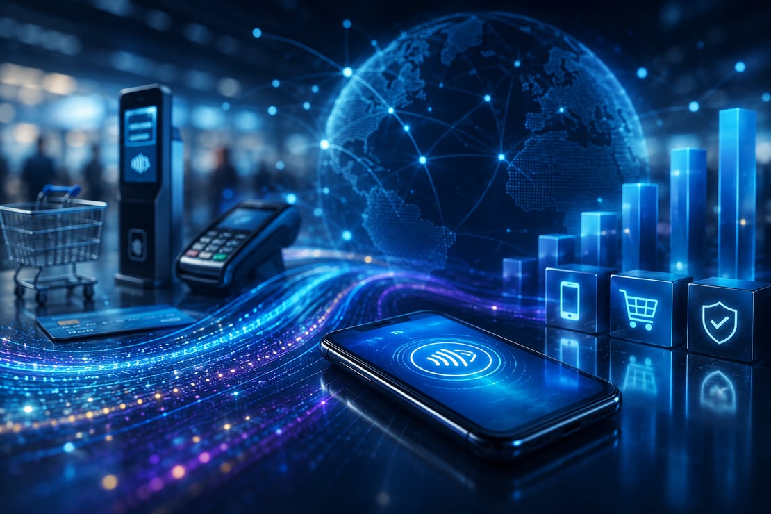 Futuristic digital payments concept featuring a contactless smartphone payment, payment terminal, credit card, shopping cart, global network, and secure transaction icons connected by glowing blue data streams, representing emerging payment technologies and global financial innovation.