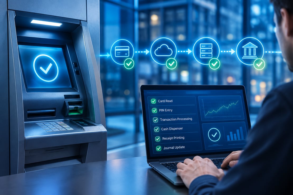 Modern ATM connected to a laptop displaying testing results and workflow validation dashboard, with holographic icons representing card processing, cloud services, banking systems, and end-to-end transaction testing in a secure financial technology environment.