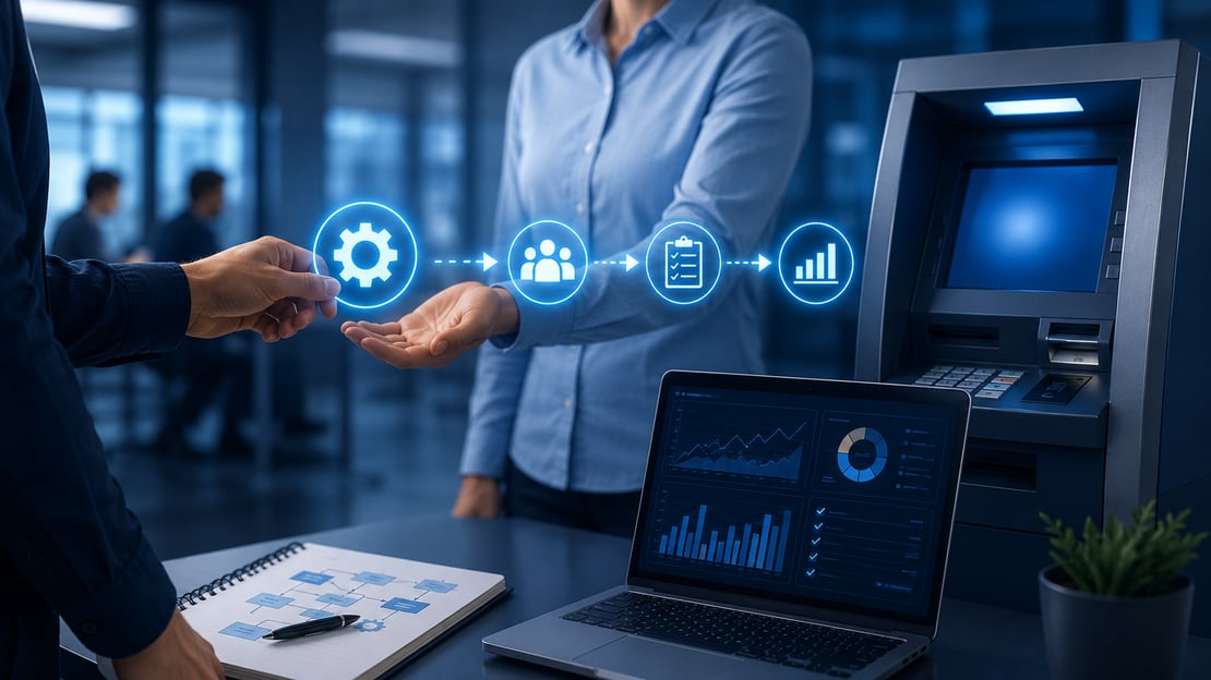 Team members transferring ATM testing knowledge in a modern technology workspace with an ATM, analytics dashboard, and digital workflow icons, illustrating a smooth transition to an ATM test automation team while ensuring continuous testing, collaboration, and operational efficiency.