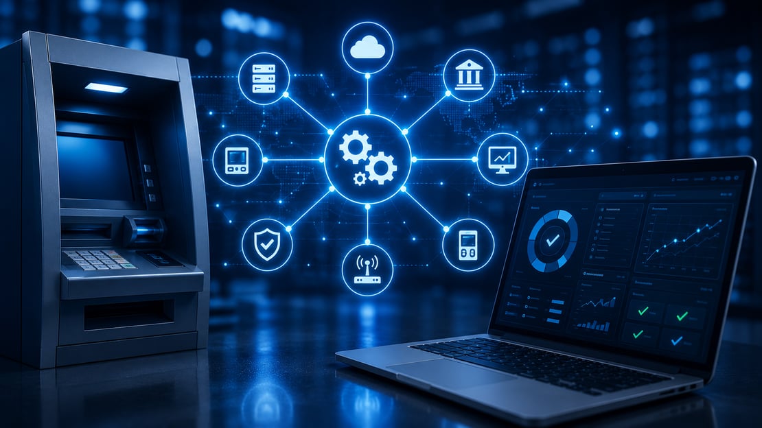 Modern ATM connected to a centralized digital network with automation, cloud, security, and analytics icons alongside a monitoring dashboard, illustrating automated ATM network testing, streamlined payment infrastructure validation, and end-to-end testing across connected financial systems.
