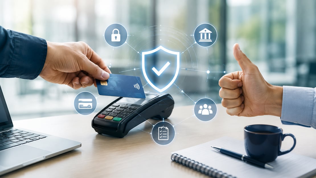 Contactless payment transaction at a payment terminal with digital security and verification icons, representing trust in digital payments, payment system reliability, secure transaction processing, and the critical role of payment testing in delivering safe customer experiences.