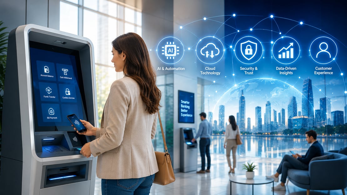 Customer using a modern self-service ATM with contactless mobile payment in a bright digital banking environment, surrounded by visual elements representing AI, automation, cloud technology, security, and customer experience, illustrating the future of self-service banking and ATM innovation.