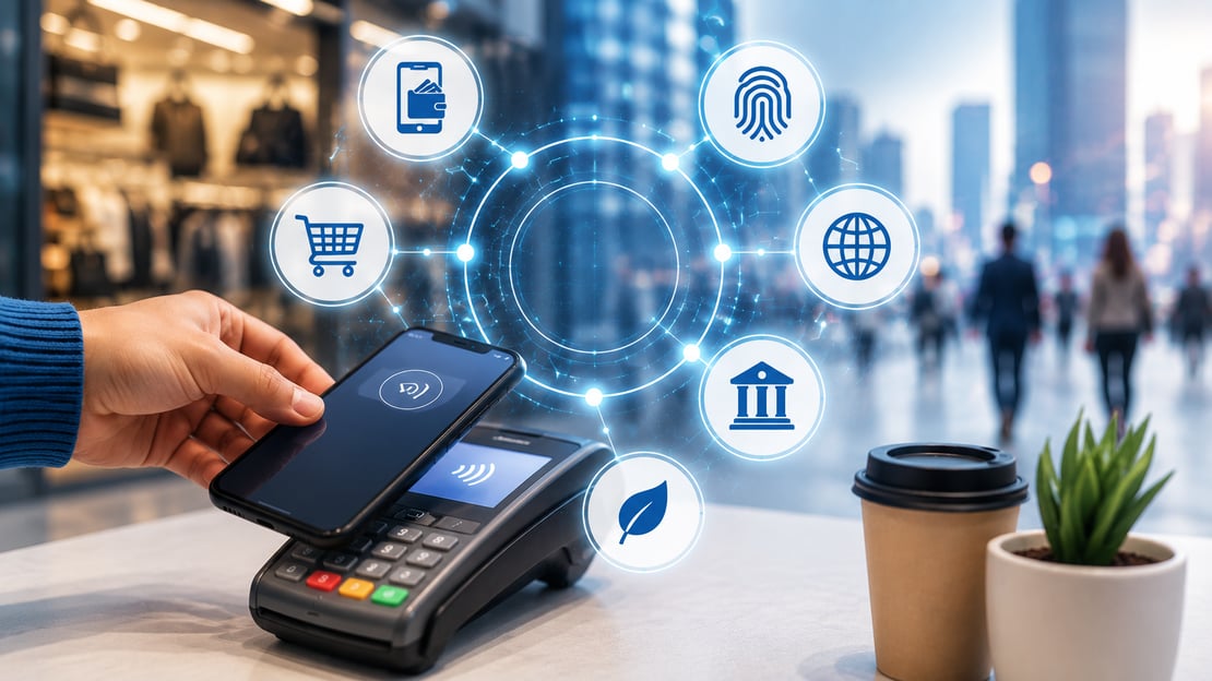 Consumer making a contactless mobile payment at a payment terminal in a modern retail environment, with digital elements representing digital wallets, AI, biometric authentication, open banking, and cross-border payments, illustrating emerging payment trends shaping the future of digital commerce in 2026.