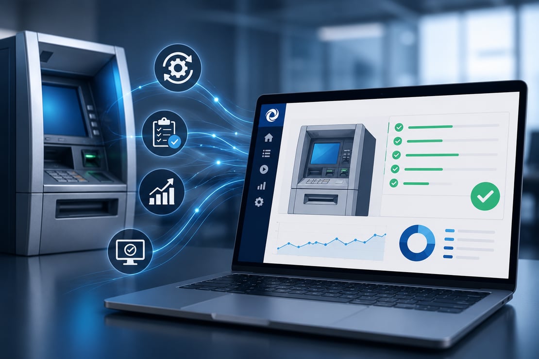 Virtual ATM testing platform connecting a physical ATM with a virtual testing dashboard on a laptop, illustrating automated ATM simulation, software-based transaction testing, faster test execution, and modern ATM testing without requiring dedicated hardware.