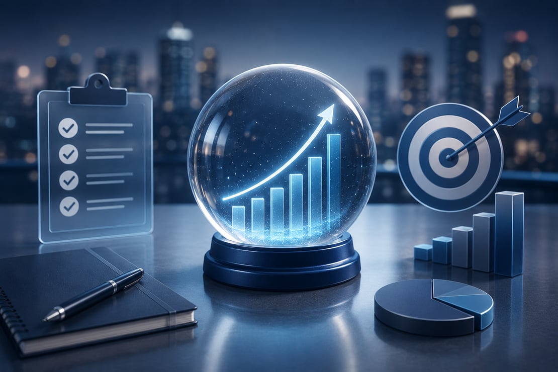 Business analytics dashboard with growth charts, performance metrics, targets, and forecasting visuals on a modern office desk, representing a year-end review of payment industry trends, technology predictions, and financial innovation outlook for 2025.