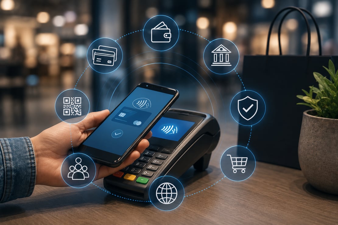 Customer making a contactless mobile payment at a retail checkout, surrounded by digital icons representing multiple payment methods, security, banking, and online commerce, illustrating how consumer payment choice and seamless payment experiences influence customer satisfaction and purchasing decisions.