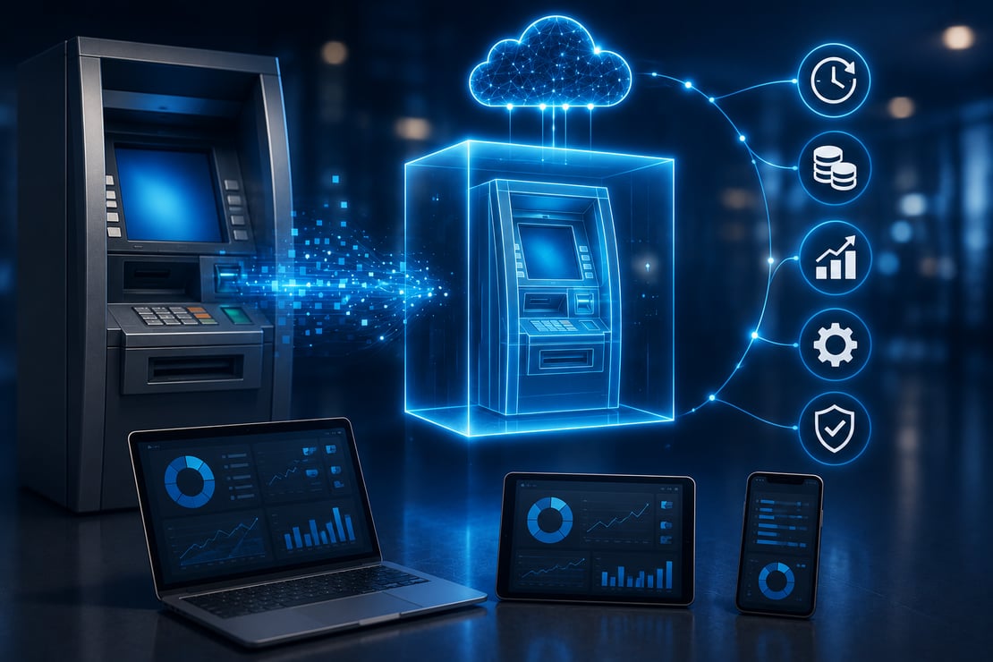 Physical ATM transformed into a virtual ATM through cloud-based virtualization, with connected laptop, tablet, and smartphone dashboards illustrating remote ATM testing, scalable virtual environments, automated test execution, and modern ATM software validation without relying on physical hardware.