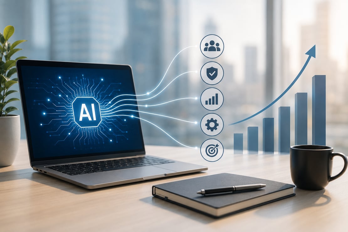 Modern office workspace with a laptop displaying an AI interface connected to business strategy, governance, workflow, and performance icons, alongside a rising analytics chart, illustrating disciplined AI adoption, operational excellence, and measurable business outcomes.