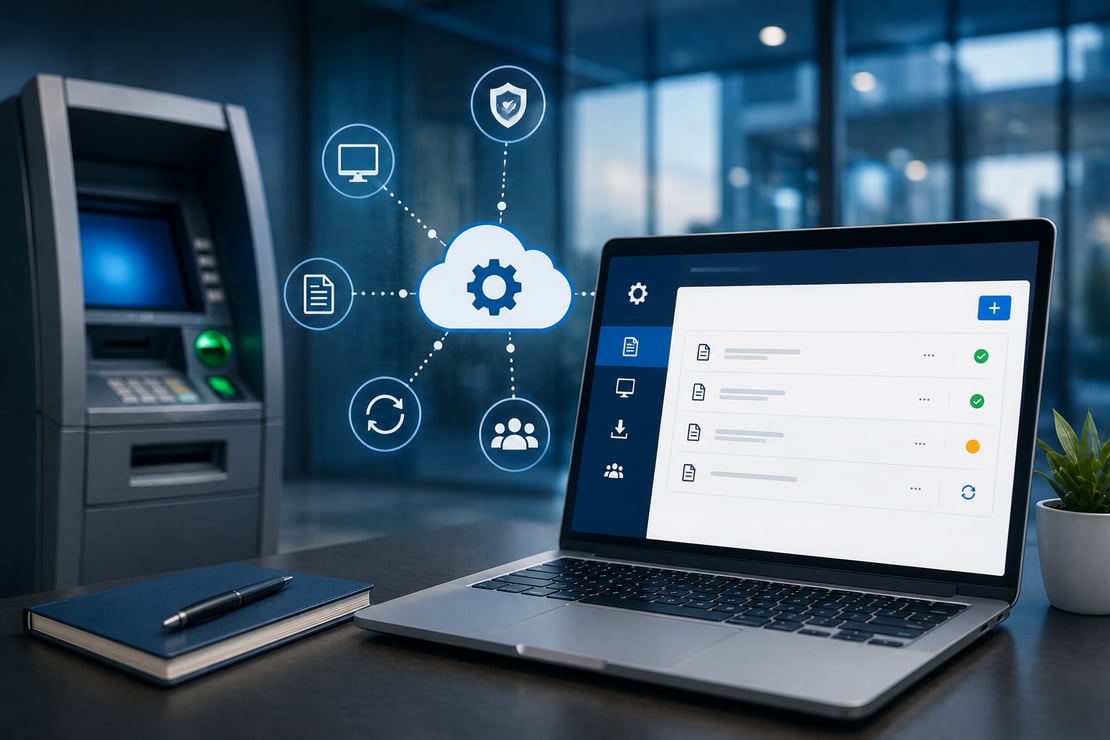 Modern ATM beside a desktop computer displaying a centralized configuration management dashboard, illustrating streamlined ATM configuration management, version control, software deployment, and enterprise-wide visibility for ATM networks.