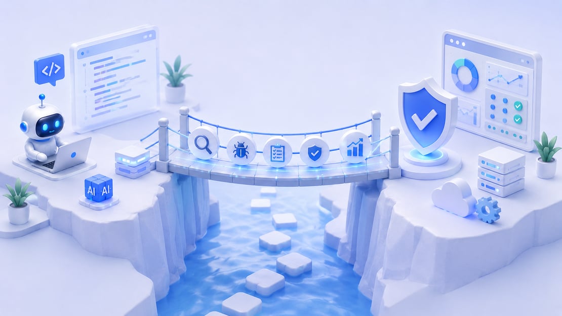 3D illustration in soft white and blue tones showing an AI-powered software testing and security workflow. A small robot programmer with a laptop stands on one side of a canyon, connected by a glowing bridge to a secure analytics environment on the other side. Icons along the bridge represent search, bug detection, testing, verification, and performance monitoring, while a large shield with a checkmark symbolizes security, compliance, and trusted deployment. Servers, cloud infrastructure, dashboards, and AI elements surround the scene, emphasizing the connection between AI development and secure software operations.