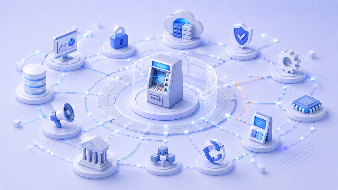 3D isometric illustration of a modern ATM at the center of an interconnected digital ecosystem. Glowing network paths link the machine to surrounding elements representing security, cloud infrastructure, banking systems, software updates, hardware components, marketing channels, data processing, and transaction services. The clean, futuristic scene uses soft blue and white tones to convey continuous change, connectivity, and coordinated management across the ATM environment.