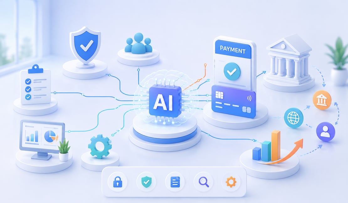 3D illustration of AI in the payments industry featuring fraud detection, risk scoring, customer insights, data analytics, and process automation connected to a central AI engine. The image highlights secure, compliant, auditable, and transparent payment systems with banking and digital payment elements.
