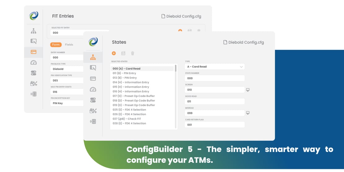 ConfigBuilder 5 interface showing ATM configuration screens for FIT entries and state table management, illustrating visual editing of load files and transaction states.