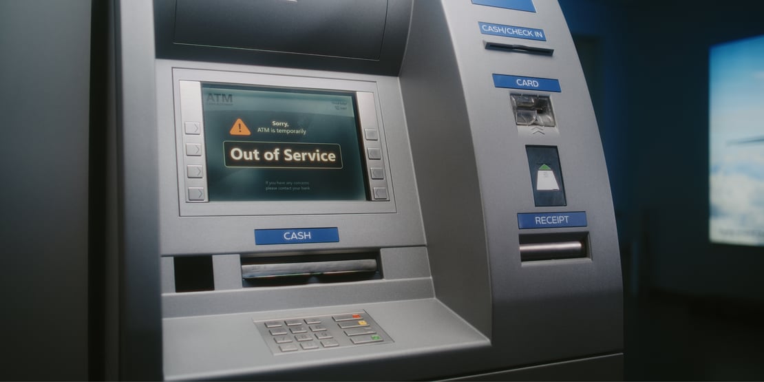 ATM machine displaying an “Out of Service” message on the screen.