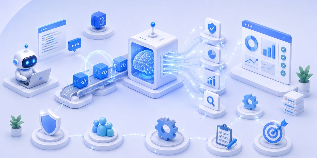 3D illustration showing AI-driven software development moving at high speed while traditional testing struggles to keep up. The image features an AI robot coding on a laptop, rapid deployment and automation elements, and a separate slower testing workflow with bug detection, validation checkpoints, and manual review processes symbolizing the growing gap between AI development velocity and traditional QA methods.